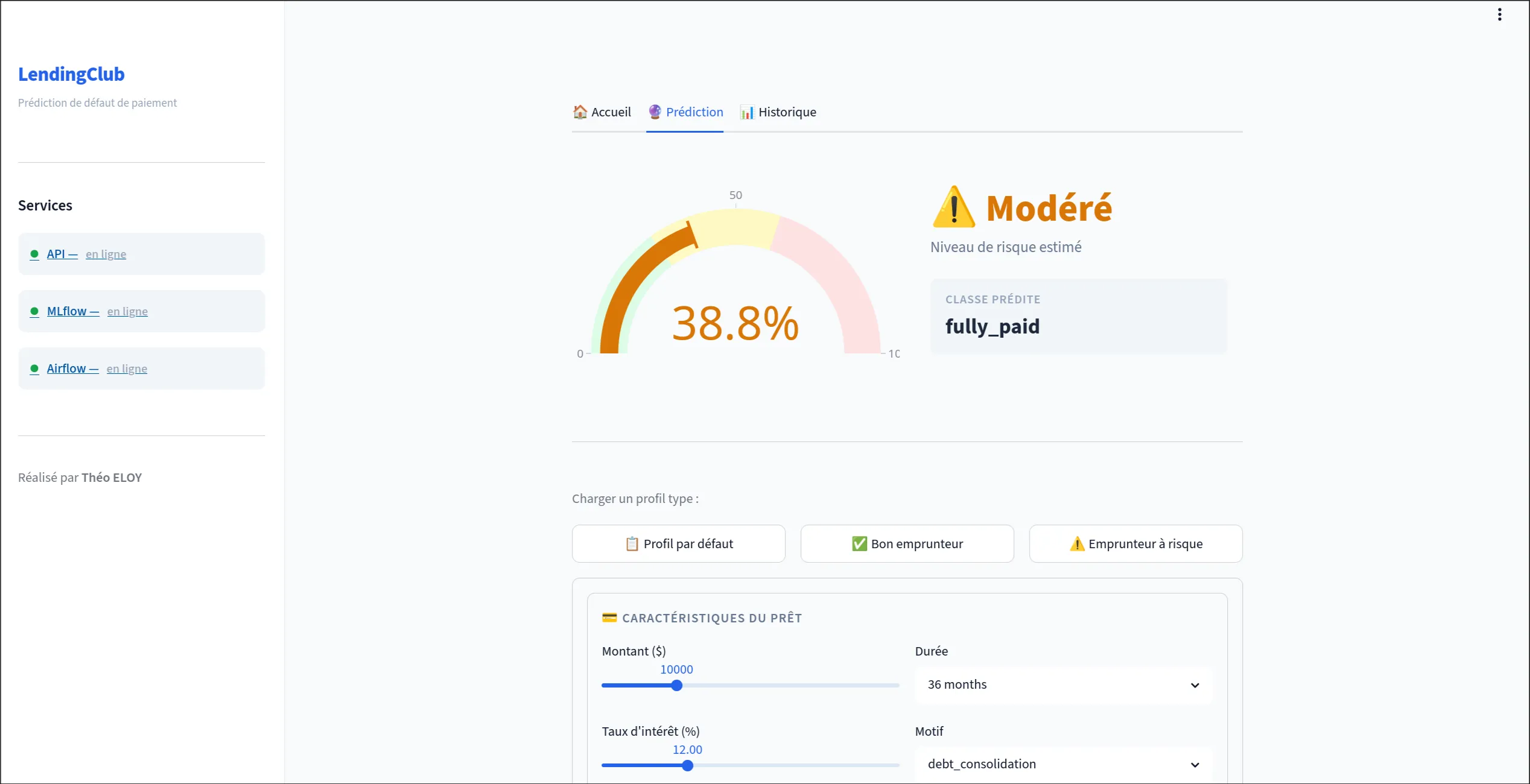 Capture d'écran du frontend Streamlit de visualisation des prédictions